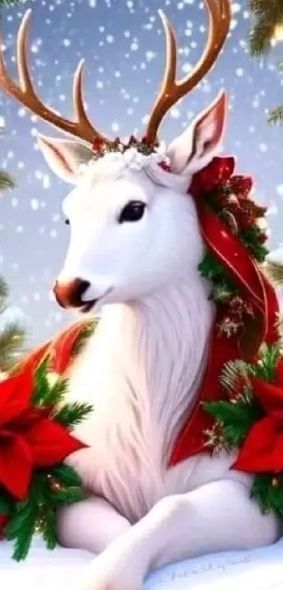 Festive reindeer in winter wonderland scene, perfect for holiday wallpaper.