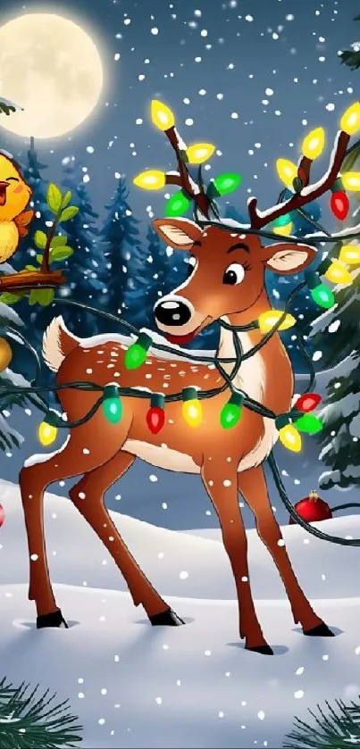 Festive reindeer with lights in snowy forest wallpaper.