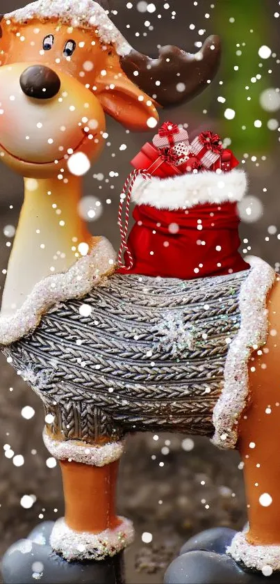 Festive reindeer with gifts and snowflakes on holiday wallpaper.