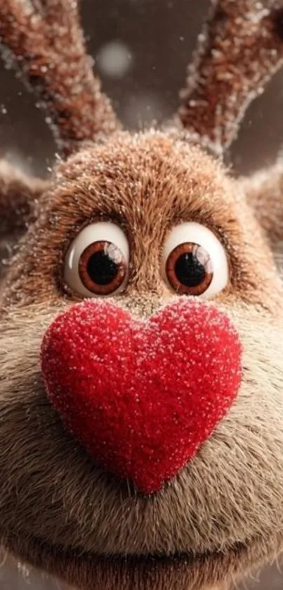 Cute reindeer with red heart-shaped nose in festive 3D design.