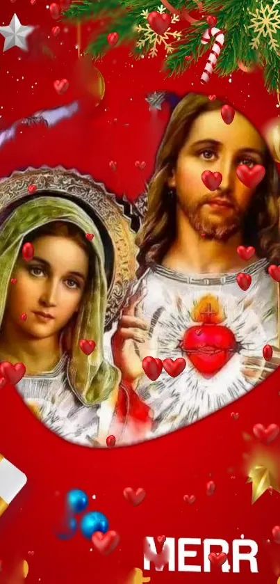 Festive religious art with red background and sacred imagery.