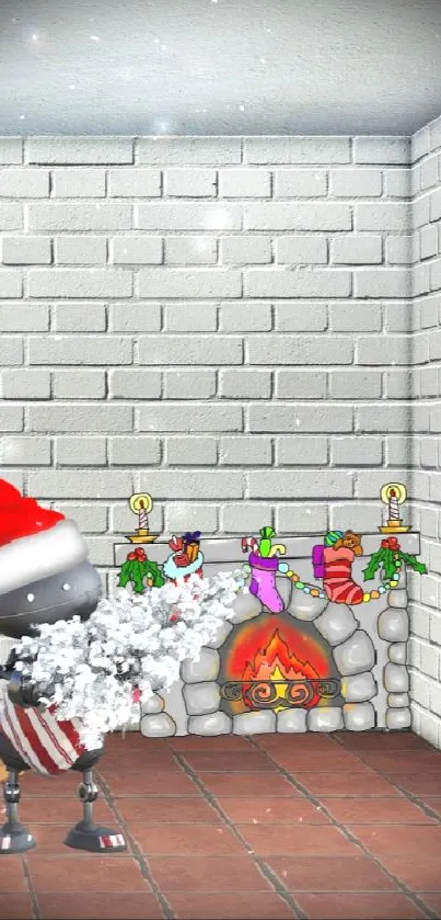 Festive wallpaper with a robot in a Santa hat by a fireplace.