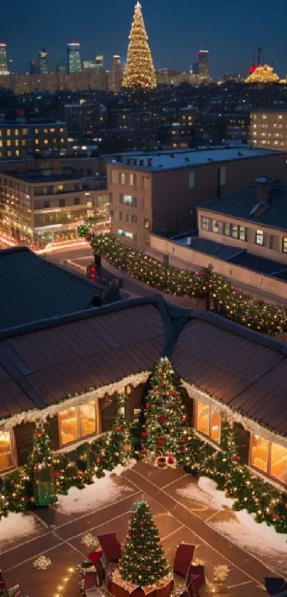 Rooftop cityscape with Christmas lights and decorations, showcasing a festive holiday scene.