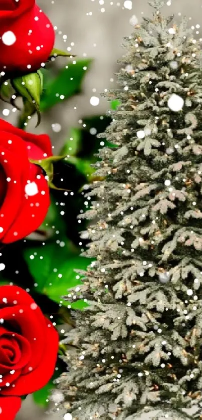 Red roses and pine tree mobile wallpaper with a festive theme.