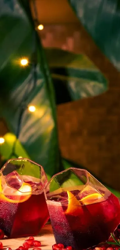 Festive rum bottle with vibrant cocktails and tropical leaves.