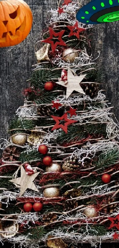 Rustic door with Christmas tree and UFO decoration.