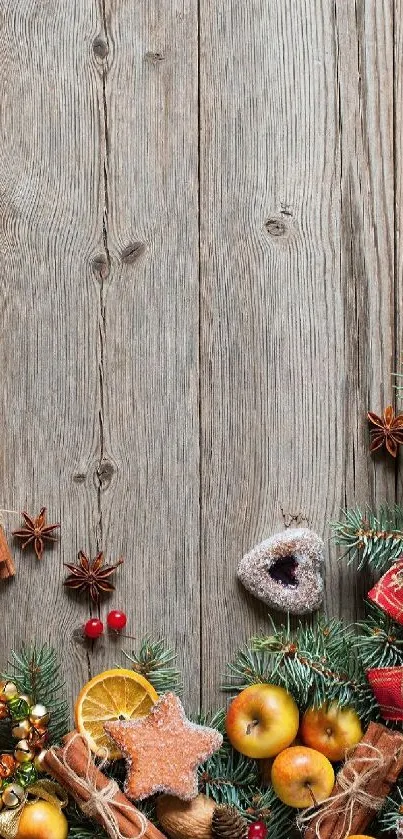 Festive rustic wallpaper with wood, pine, and holiday decor.