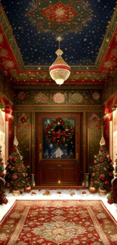 Festive Santa's workshop hallway with Christmas trees and decorations.