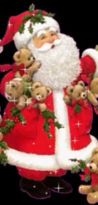 Santa Claus with teddy bears on a holiday-themed wallpaper.