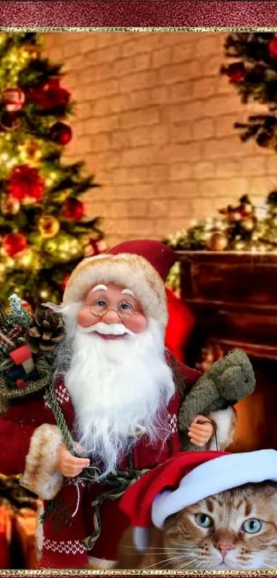 Santa and cat by Christmas tree and fireplace.