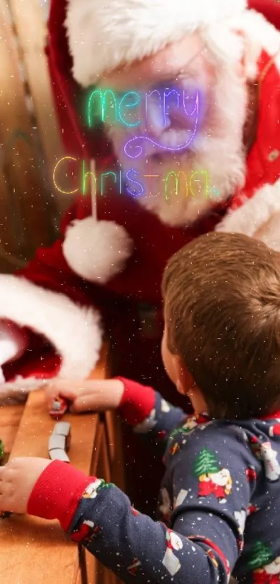 Santa Claus sharing a festive moment with a child during the holiday season.
