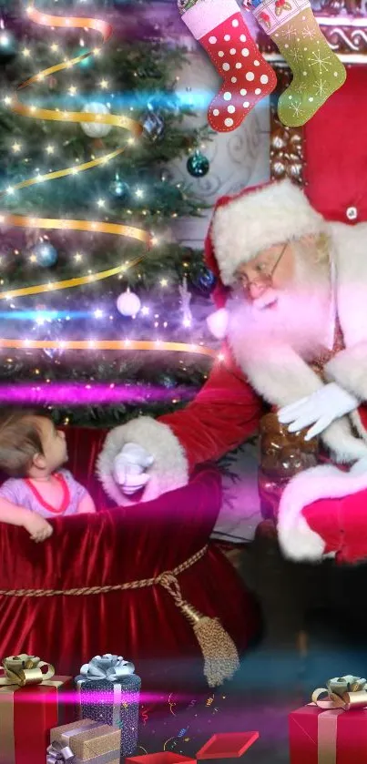 Santa Claus with a child in a festive Christmas setting with gifts.