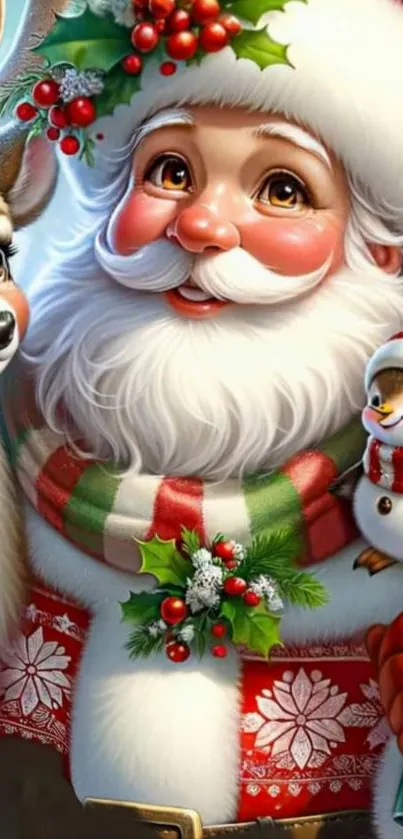 Santa Claus with animals in Christmas theme.