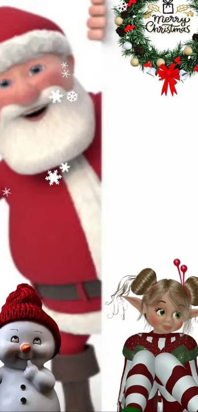 Christmas wallpaper featuring Santa, an elf, and a snowman with holiday decorations.