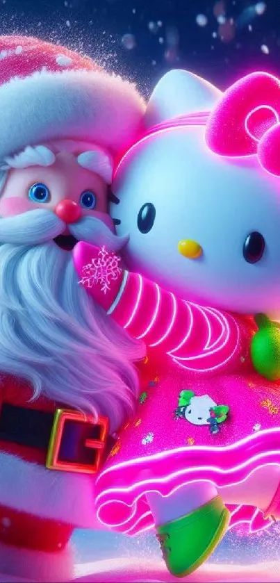 Santa and cartoon kitty in festive attire, glowing pink highlights.