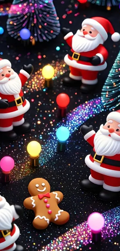 Festive Santas and colorful lights on a holiday-themed wallpaper.