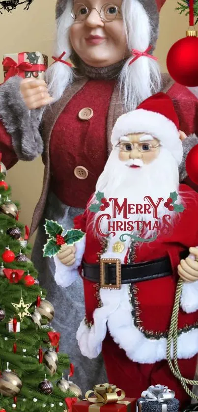 Festive Santa and Mrs. Claus with Christmas tree and ornaments in vibrant colors.