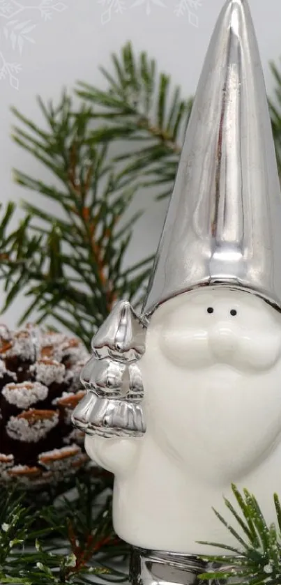 Cute winter gnome with silver accents and frosted pine branches.