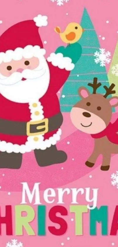 Santa and reindeer on a pink background with snowflakes for Christmas wallpaper.