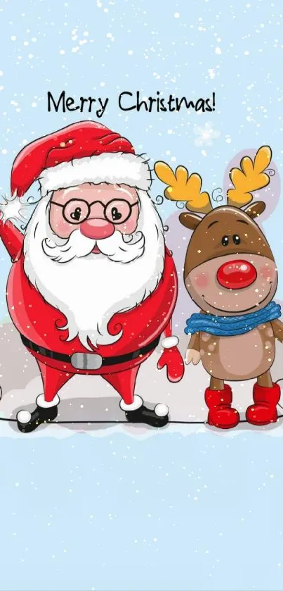 Santa Claus and reindeer illustrated as Christmas phone wallpaper.