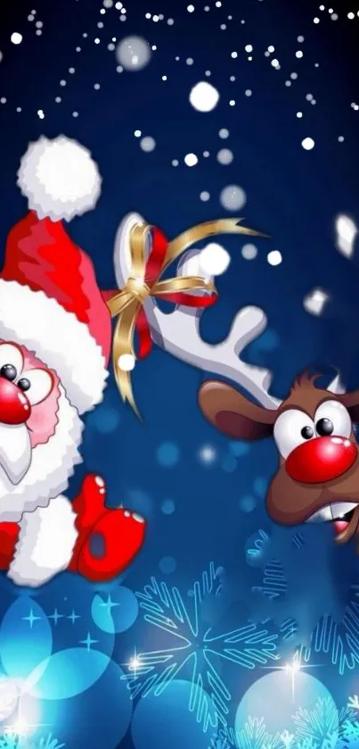 Festive Santa and reindeer mobile wallpaper with blue background.