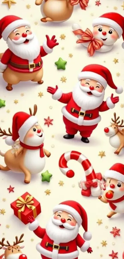Cheerful Santa and reindeer with gifts, stars, and festive decorations.