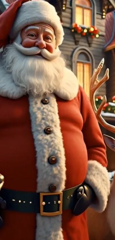 Santa Claus in red suit with reindeer against a festive house backdrop.