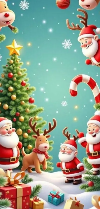 Christmas scene with Santa, reindeer, and gifts on a snowy background.