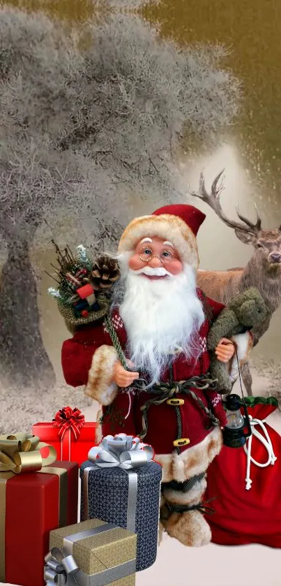 Santa Claus with gifts and a reindeer in a snowy Christmas scene.