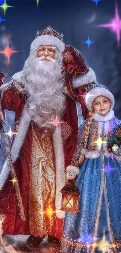 Santa and Snow Maiden in a festive holiday wallpaper.