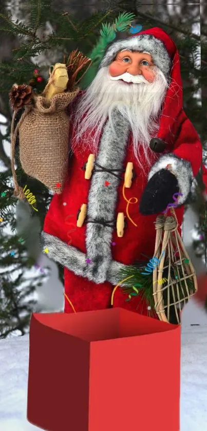 Cheerful Santa Claus in snowy setting with red present box, ideal for festive wallpaper.