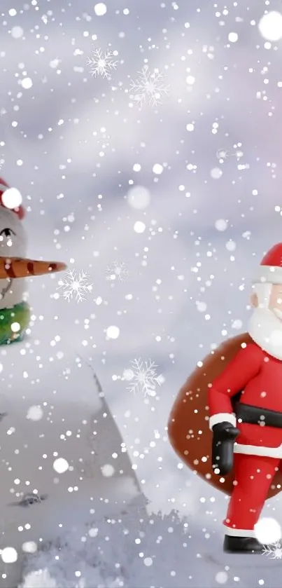 Festive Santa Claus and snowman in snowy holiday wallpaper.