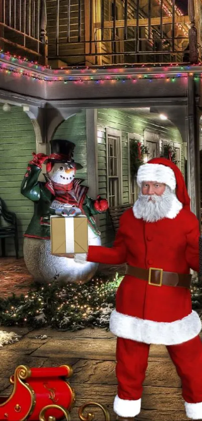 Santa Claus holding gifts next to snowman in festive holiday setting.