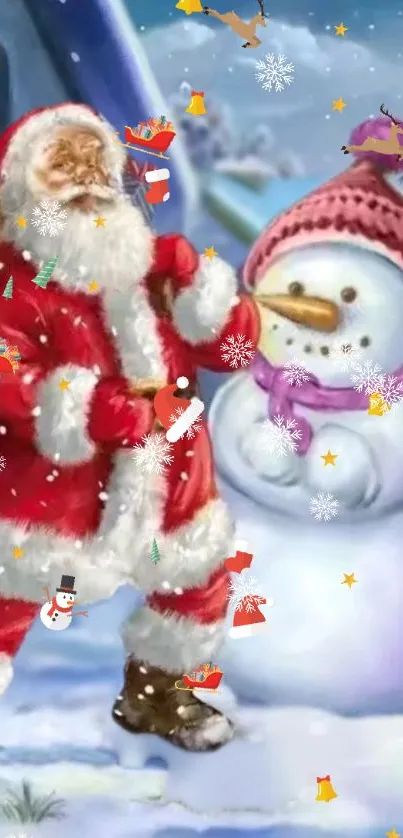 Santa Claus and snowman in festive holiday scene with snowflakes.