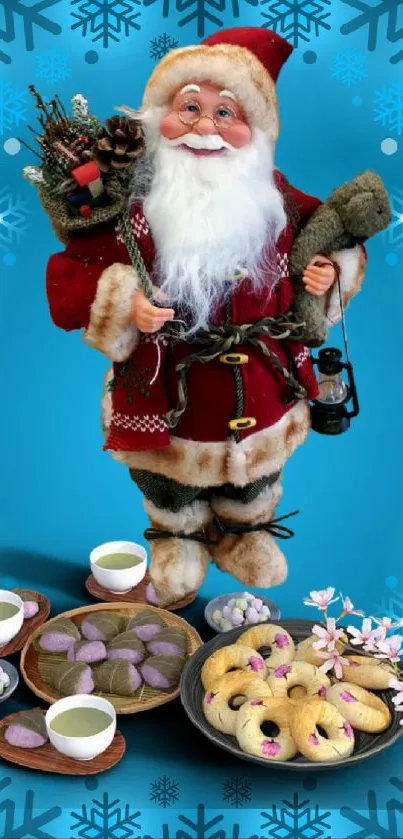 Santa Claus with cookies on a blue snowflake background.