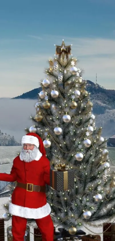 Santa Claus with gifts by a Christmas tree in a snowy landscape.