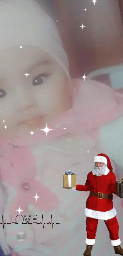 Cute baby with Santa Claus and gifts on festive wallpaper.