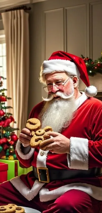Santa Claus sitting by a Christmas tree with gifts and cookies.