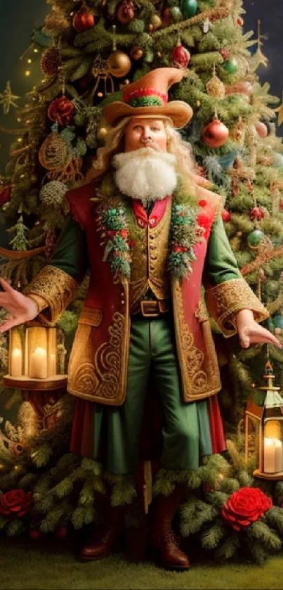 Santa Claus in festive attire stands by a decorated Christmas tree.