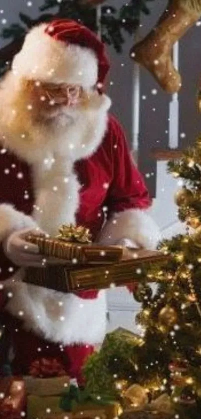 Santa Claus placing gifts beside a decorated Christmas tree.