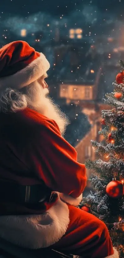 Santa Claus by a Christmas tree at night.