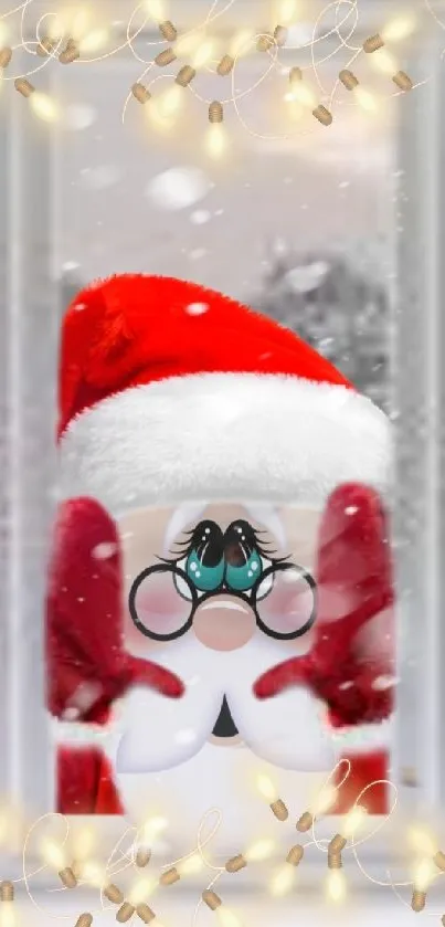 Cartoon Santa with festive lights and snow on mobile wallpaper.