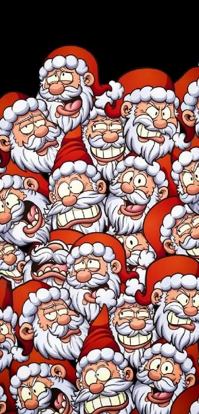 Cartoon Santa Claus faces with red hats wallpaper.