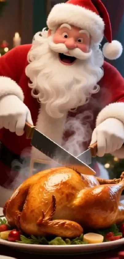 Santa Claus carving a golden turkey for Christmas dinner.