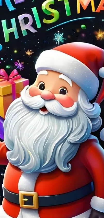 Cheerful Santa Claus with gifts and vibrant Merry Christmas text.