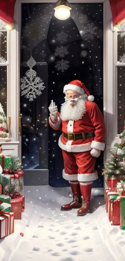 Santa Claus stands amid gifts and snow in a festive Christmas scene.