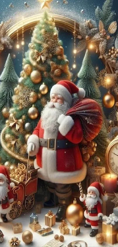 Santa and Christmas tree with gifts and decorations.