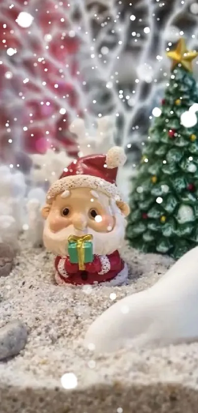 Cute Santa figurine in snowy Christmas scene.