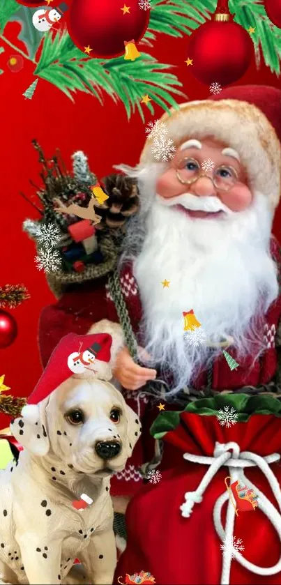 Santa and dog in a festive Christmas scene with decorations.