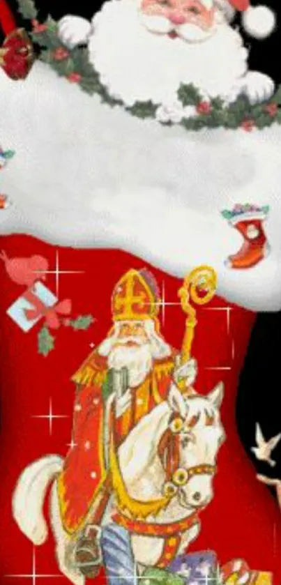 Christmas wallpaper with Santa in a decorative festive stocking.